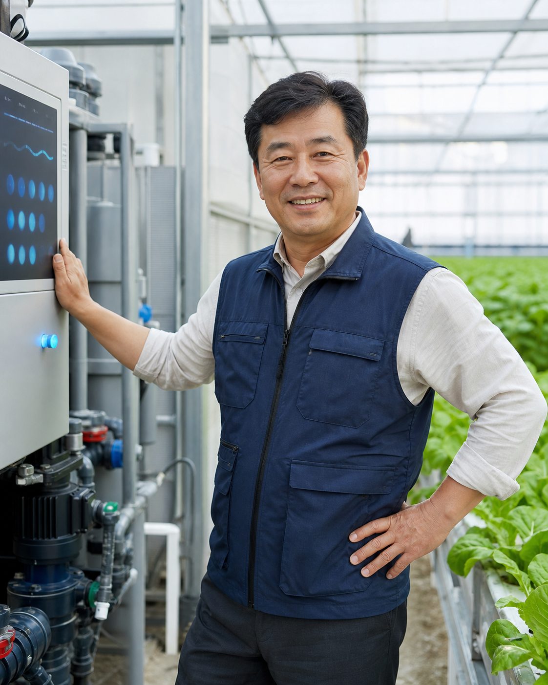 스마트 설비 앞에 선 농업 경영인